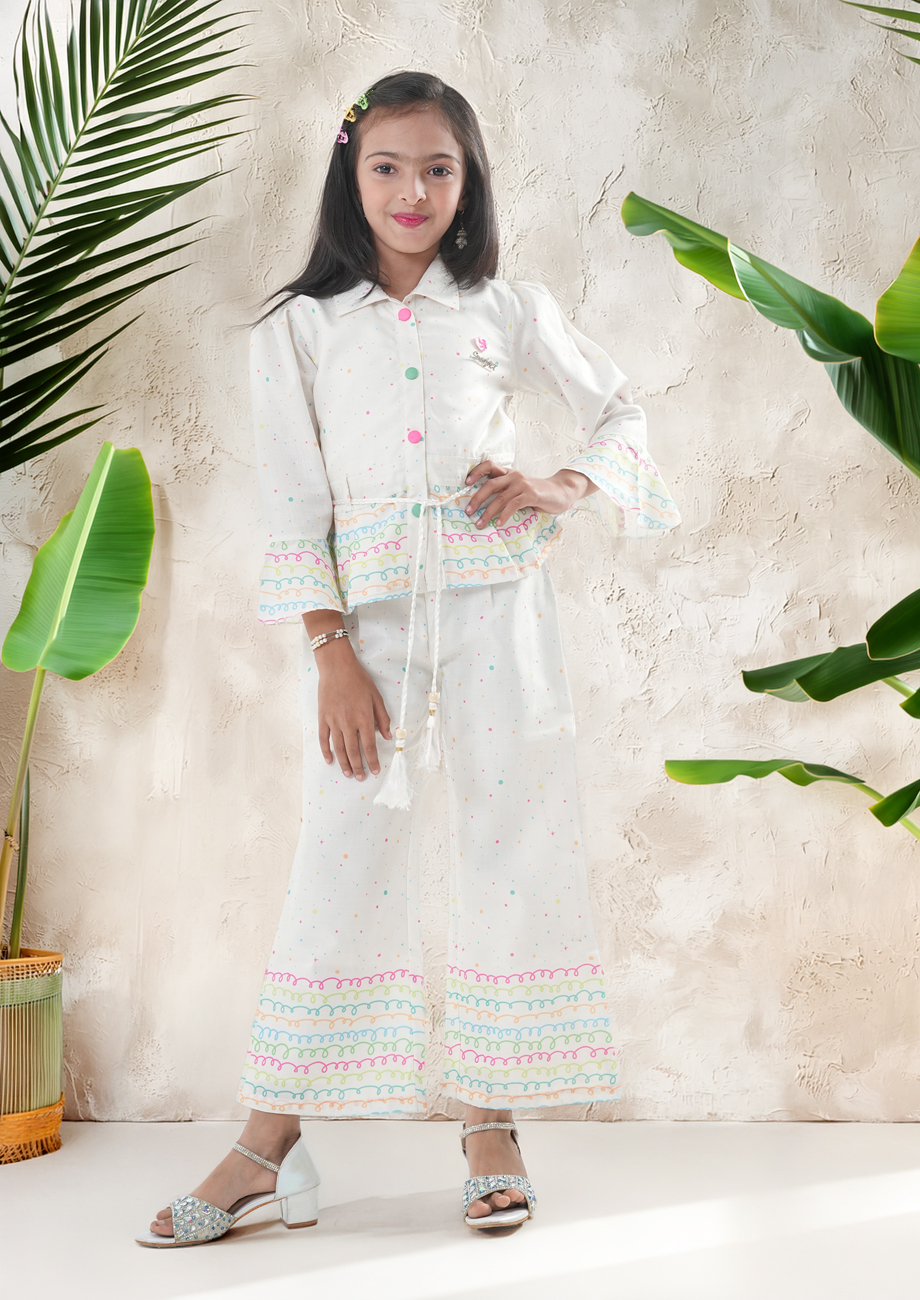 Girls White Printed Co-Ord Set with Flared Top & Palazzo