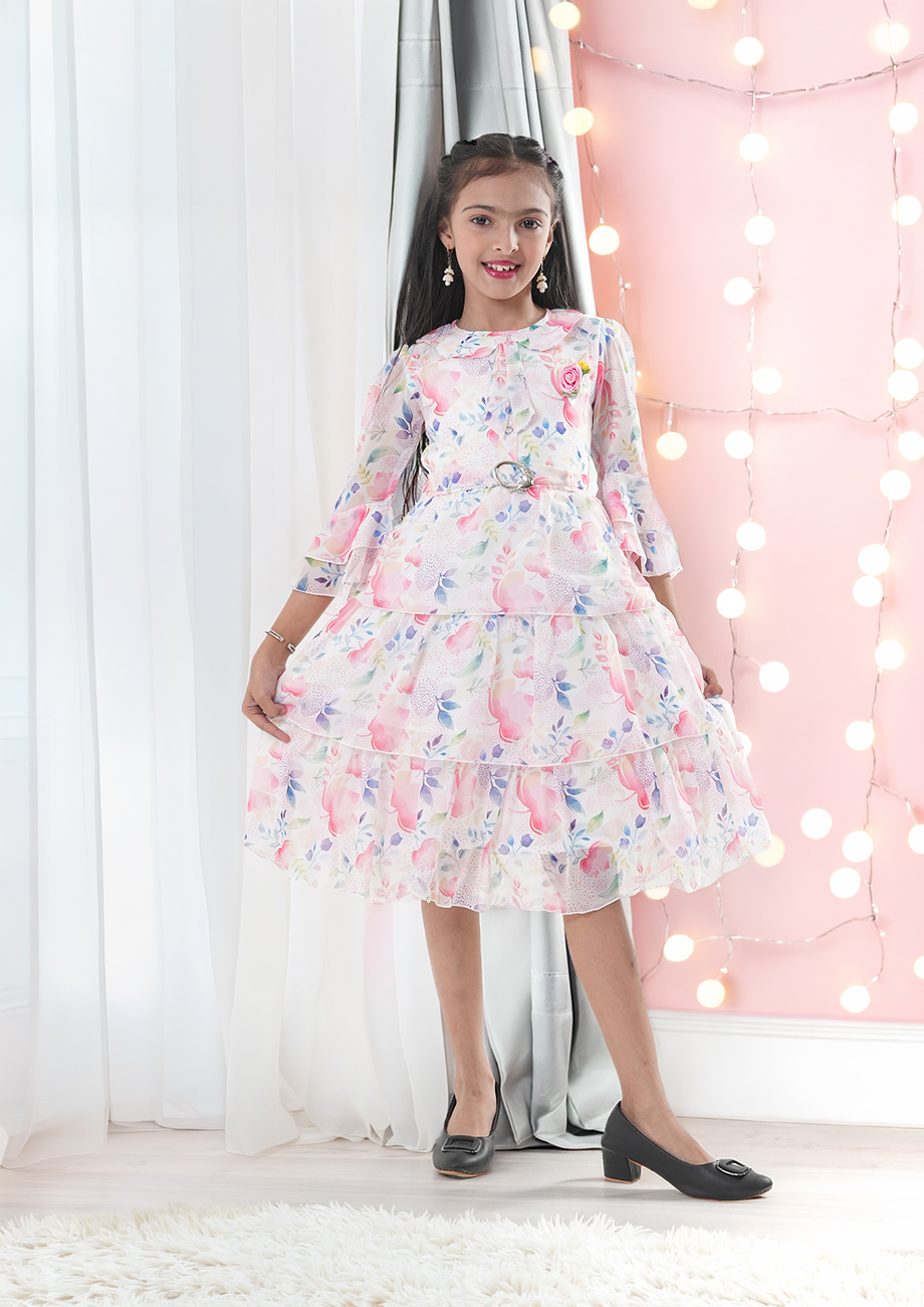 Girls Pink Floral Layered Fit & Flare Dress